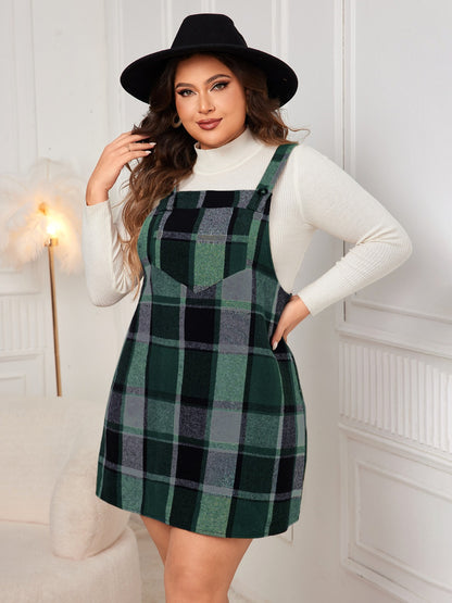 Genteel Grace Plus Size Plaid Wide Strap Overall Dress