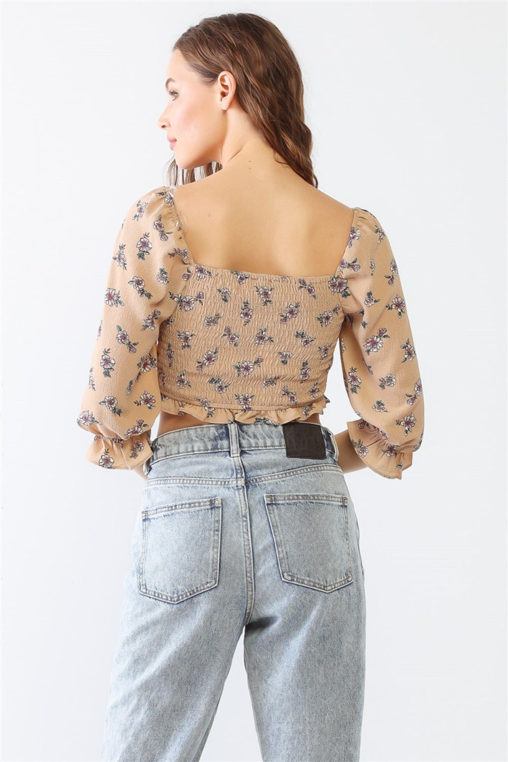 Garden Daze Floral Ruffle Smocked Back Ruched Crop Top