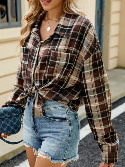 Twilight Tartan Plaid Saddle Shoulder Long Sleeve Shirt