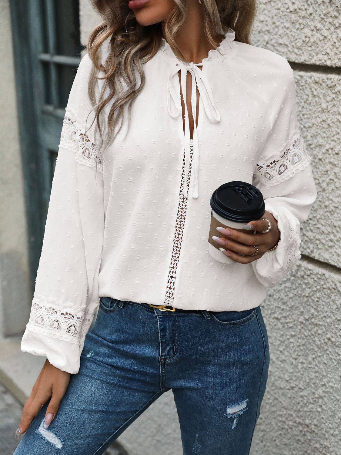 Astra Lace Detail Tie Neck Long Sleeve Blouse