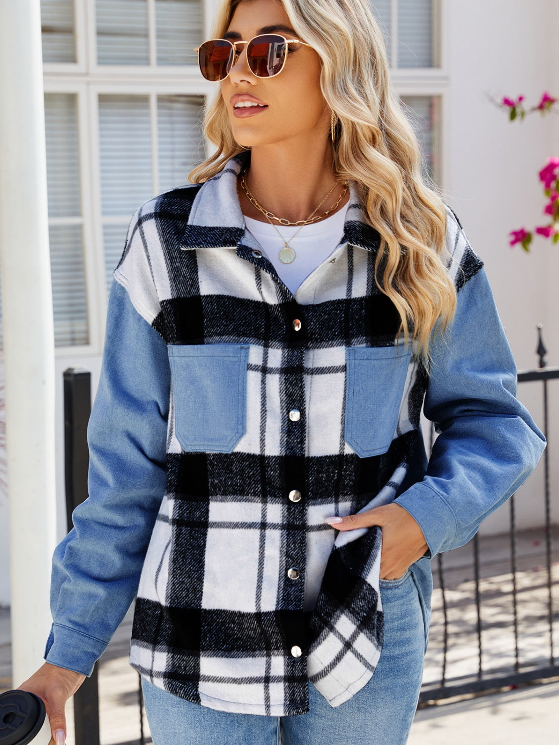 Blue Skies Pocketed Plaid Snap Down Denim Jacket