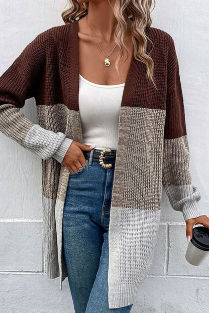 Perfee Woven Right Color Block Open Front Rib-Knit Longline Cardigan