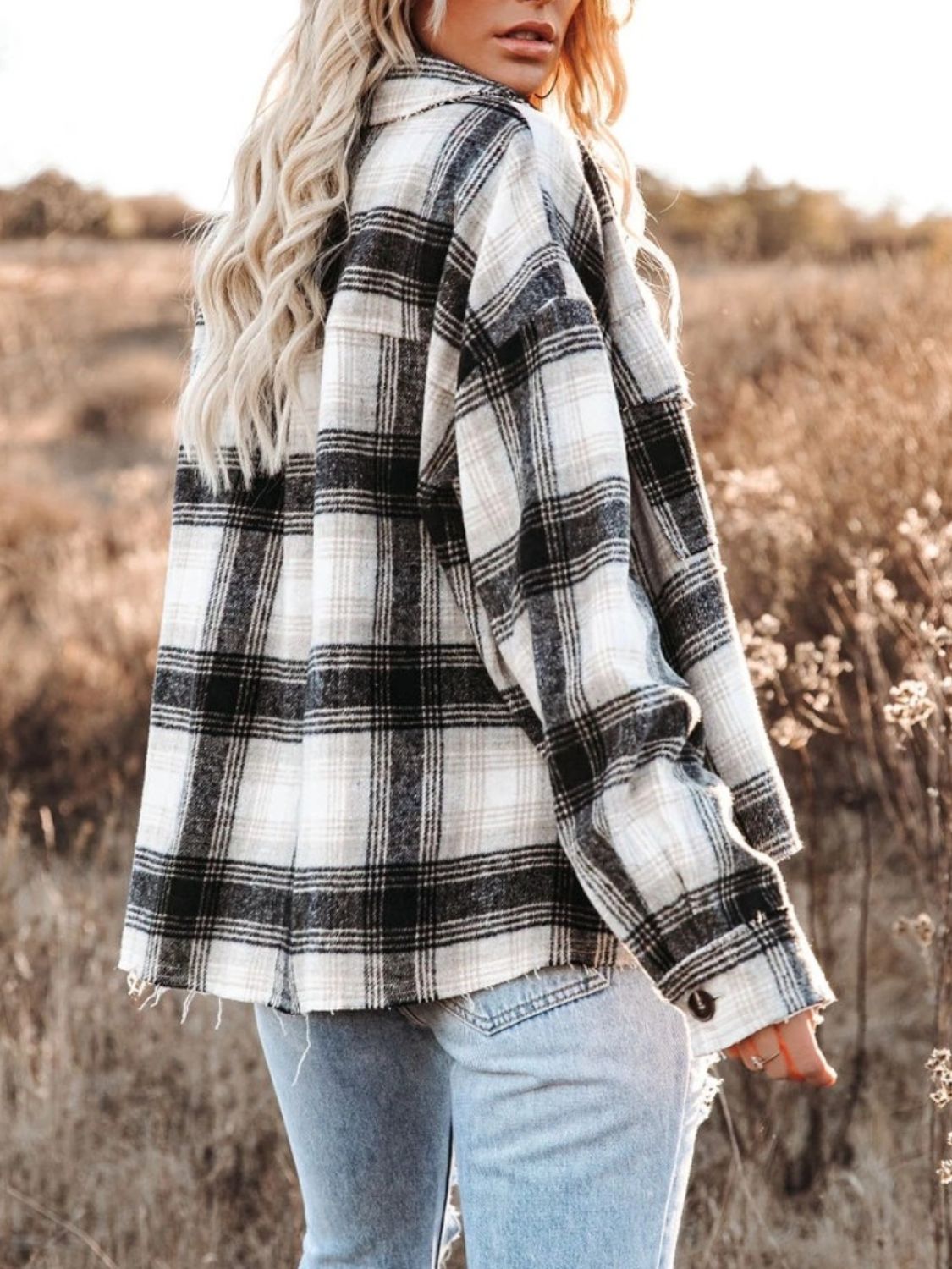 Frosted Fables Pocketed Plaid Button Down Long Sleeve Shacket