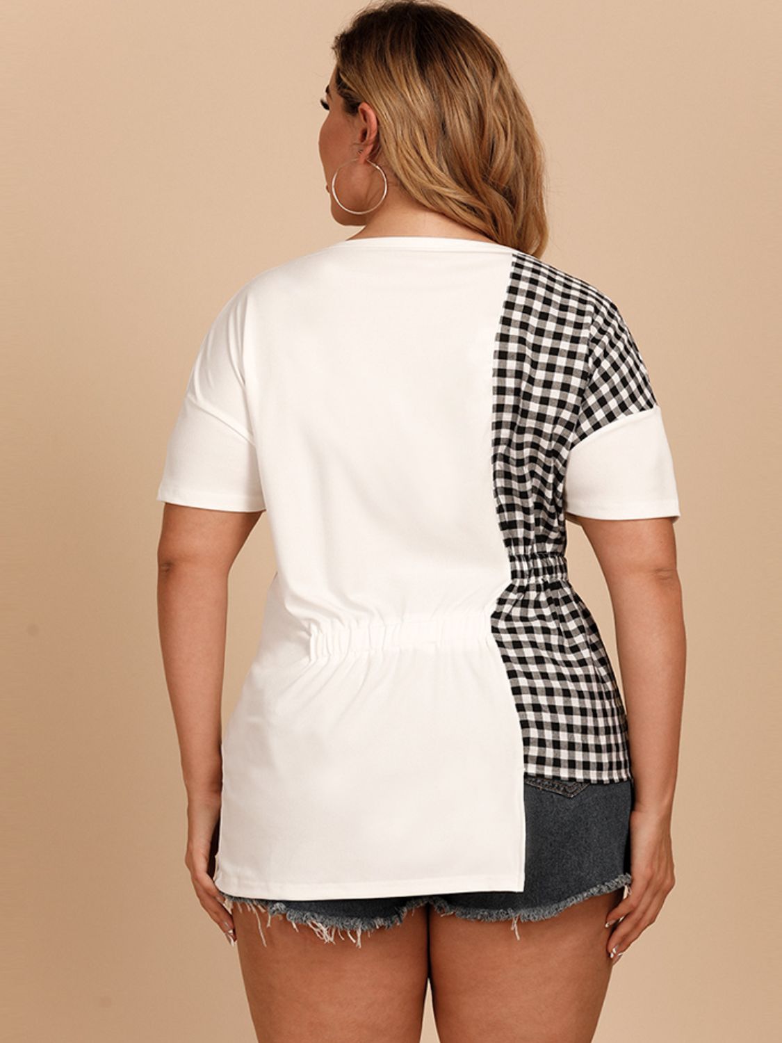 Frosted Dreams Plus Size Gingham Color Block Asymmetrical T-Shirt