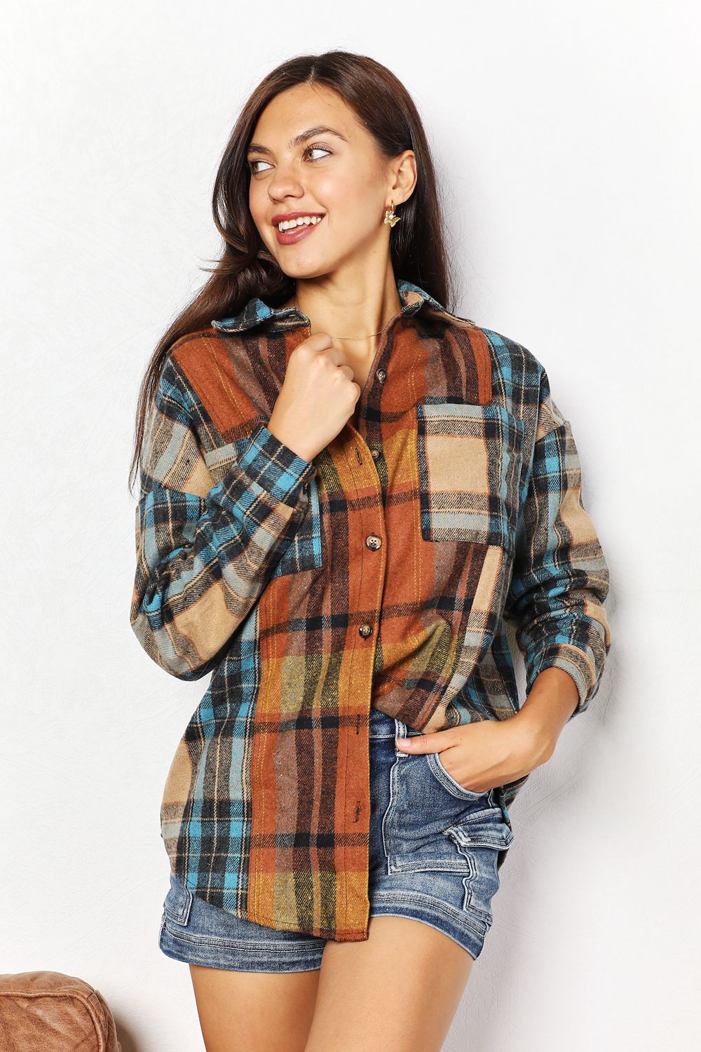 March Hare Plaid Curved Hem Shirt Jacket with Chest Pockets