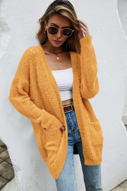 The Wispwool Open Front Openwork Fuzzy Cardigan with Pockets