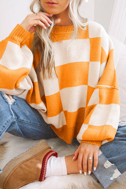 Sweet Tooth Checkered Bishop Sleeve Sweater