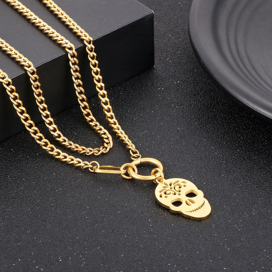 'Charmed Calavera' Sugar Skull Shape Double-Layered Pendant Necklace