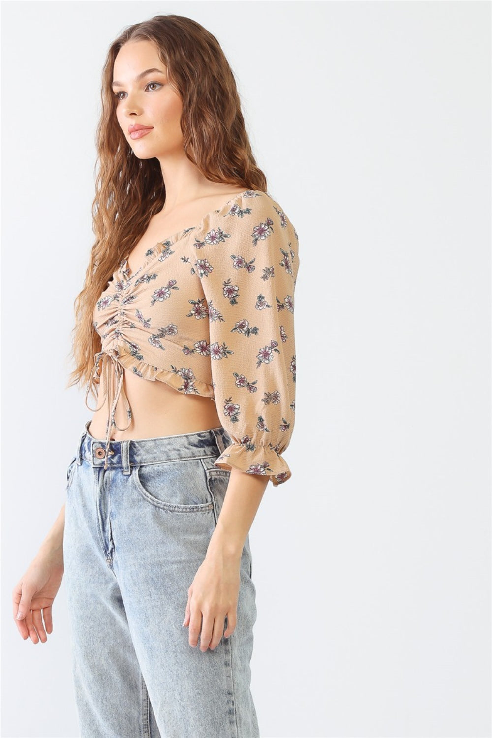 Garden Daze Floral Ruffle Smocked Back Ruched Crop Top