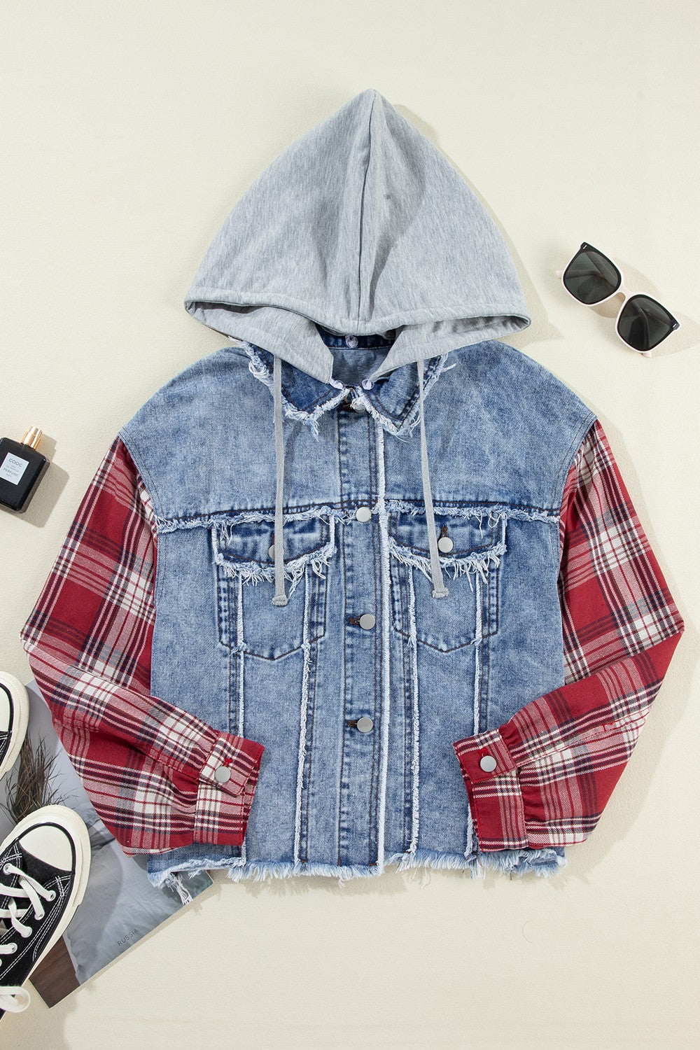 Leaves and Magic Raw Hem Drawstring Plaid Denim Jacket