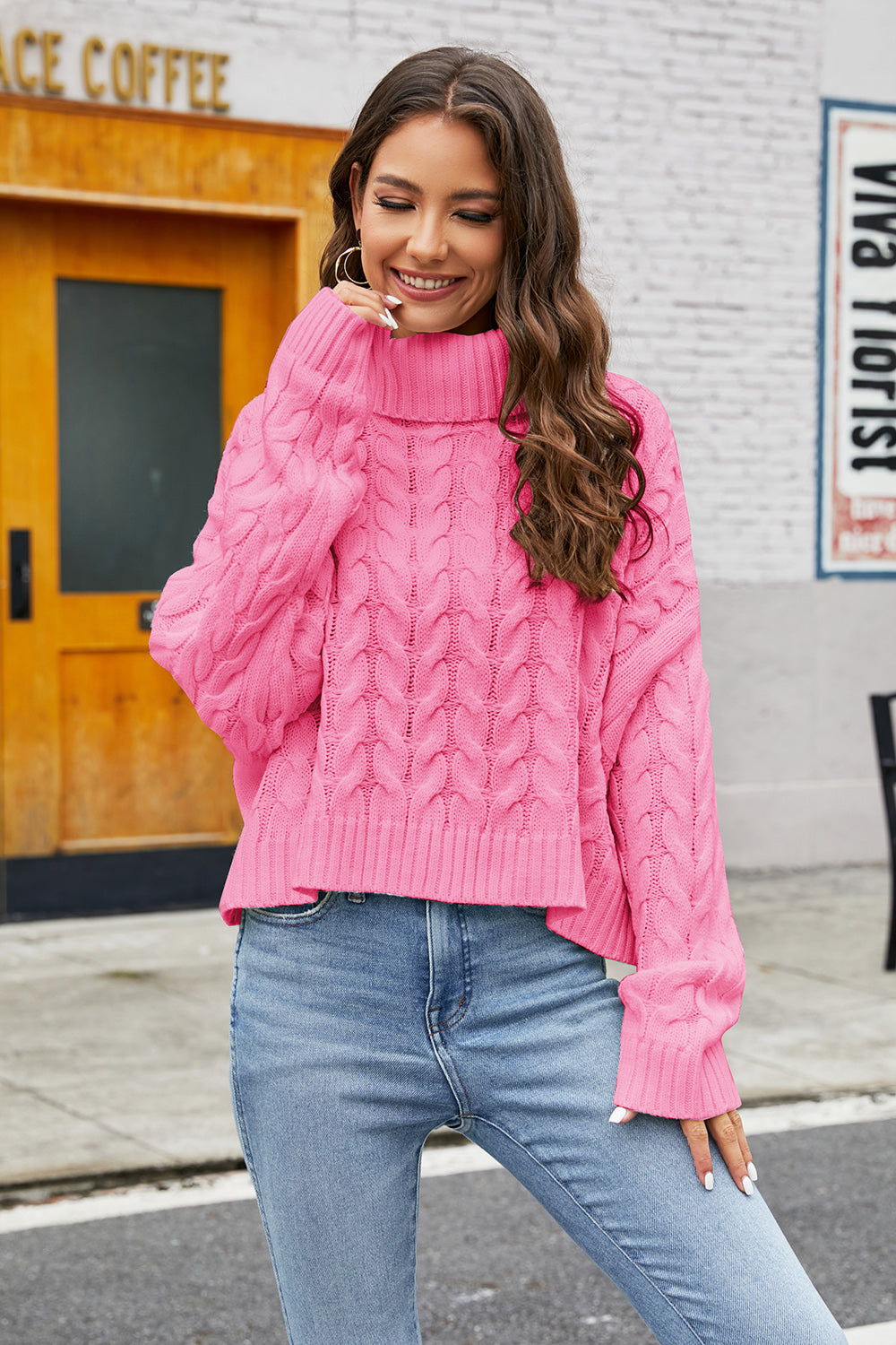 Rows of Roses Turtleneck Cable-Knit  Long Sleeve Sweater