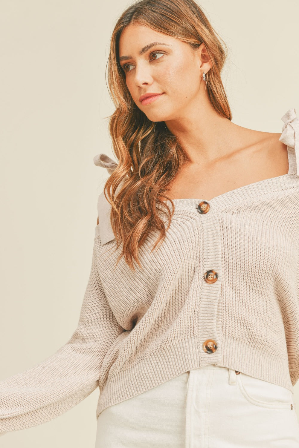 Comfy Collegian Off Shoulder Tie Strap Button Down Sweater