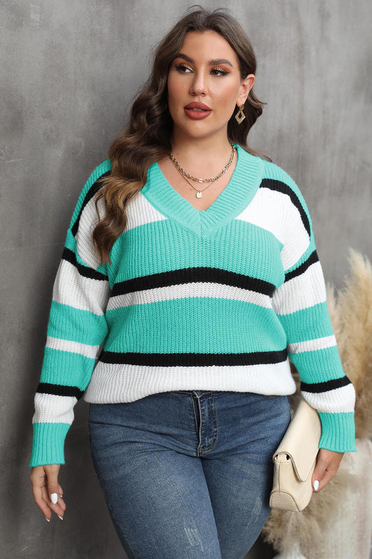 Spellbound Plus Size Striped V-Neck Dropped Shoulder Sweater