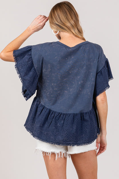 Flights of Fancy Ruffle Sleeve Washed Short Sleeve Blouse