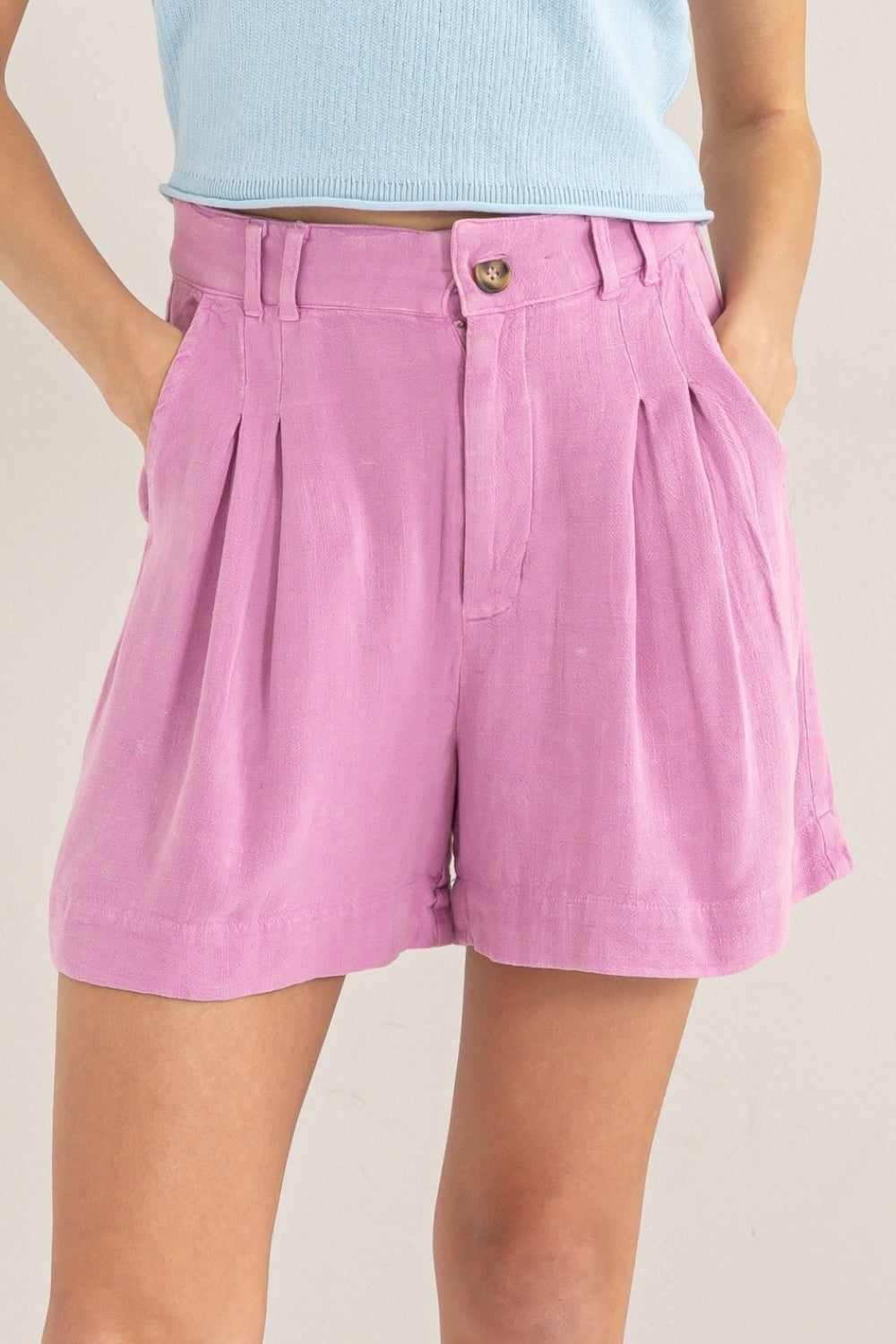 Raven Wings High Waist Mineral Washed Linen Shorts - Pink