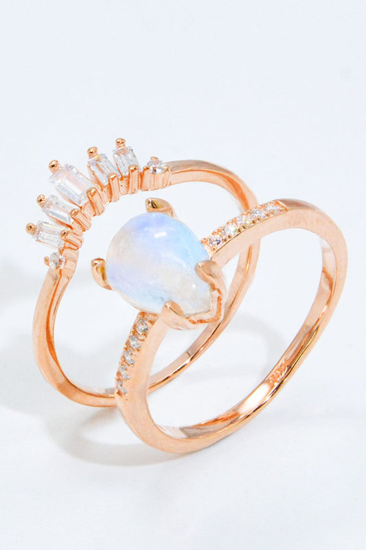 Lunar Illumination Natural Moonstone and 18K Rose Gold-Plated Two-Piece Ring Set