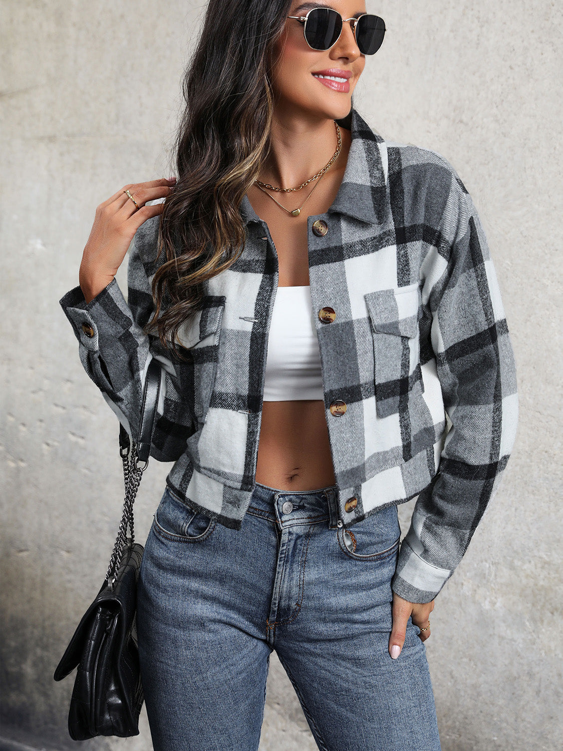 Rustic Romance Plaid Button Up Drop Shoulder Cropped Jacket