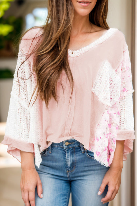 Lace & Wildflowers V-Neck Three-Quarter Sleeve Blouse