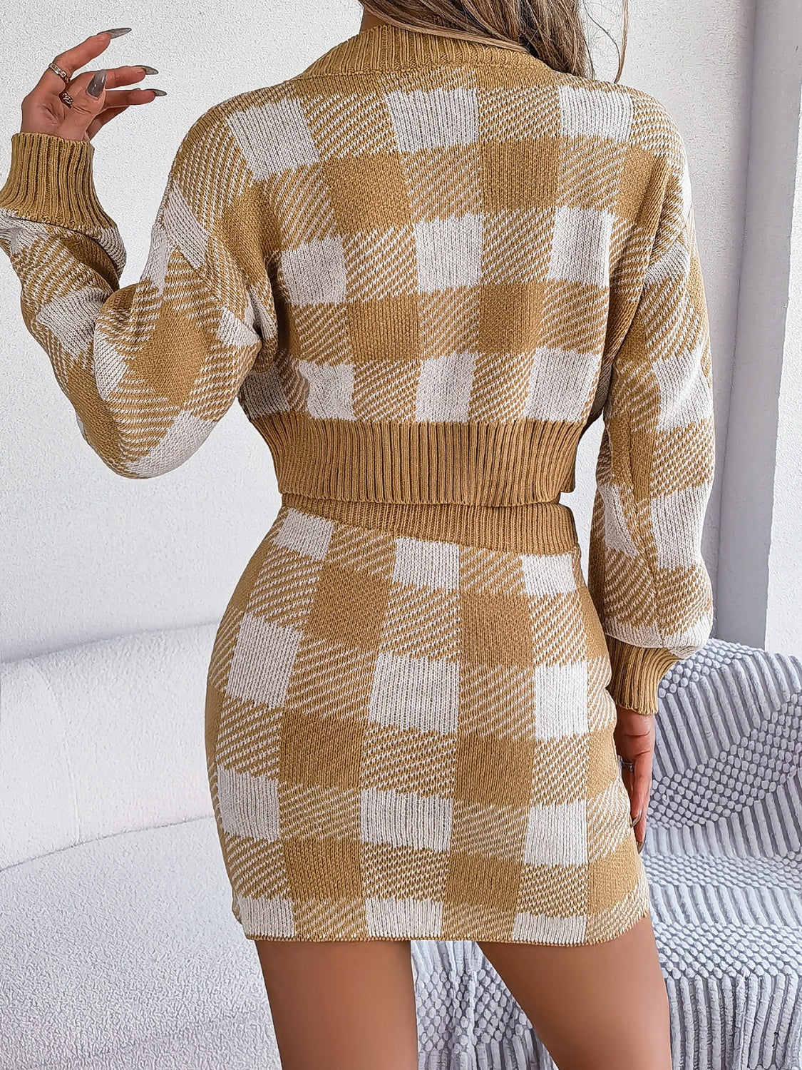 Picnic Plaid Round Neck Top and Skirt Sweater Set