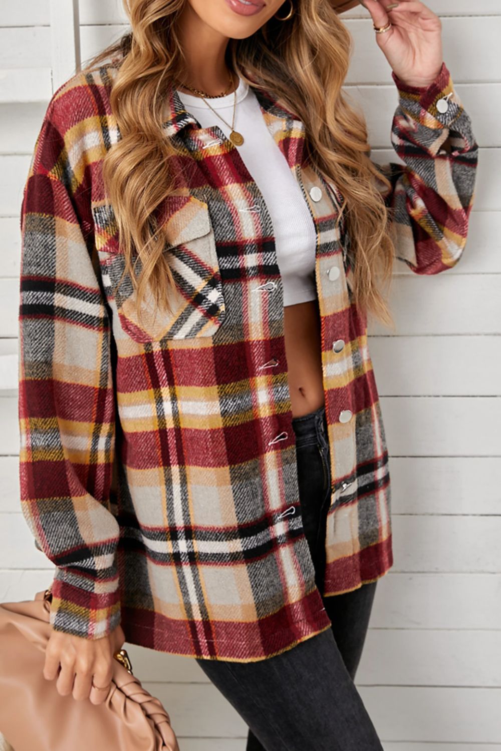 Cascade of Leaves Plaid Pocketed Button Down Shacket