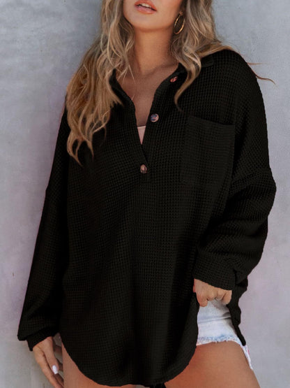 Cozy Cascade Waffle-Knit Dropped Shoulder Long Sleeve Sweatshirt