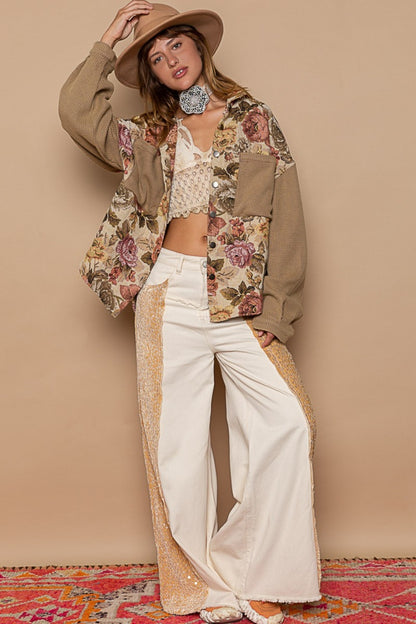 Floral Fables Contrast Sleeves Button Down Floral Jacquard Shirt