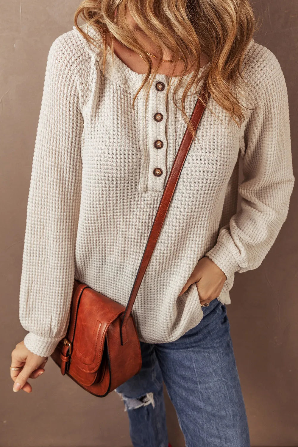 Harvest Moon Waffle-Knit Half Button Top