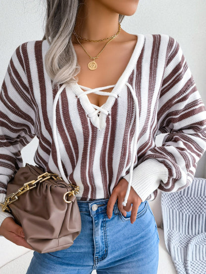 Midnight Magick Striped Lace-Up Long Sleeve Sweater