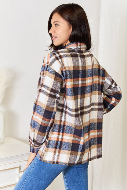 Campus Chic Plaid Button Front Shirt Jacket with Chest Pockets