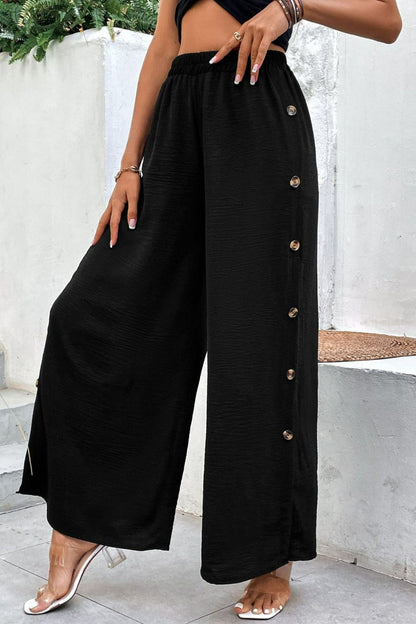 Perfee Button Detail Elastic Waist Wide Leg Pants