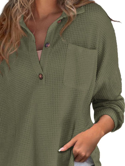 Cozy Cascade Waffle-Knit Dropped Shoulder Long Sleeve Sweatshirt