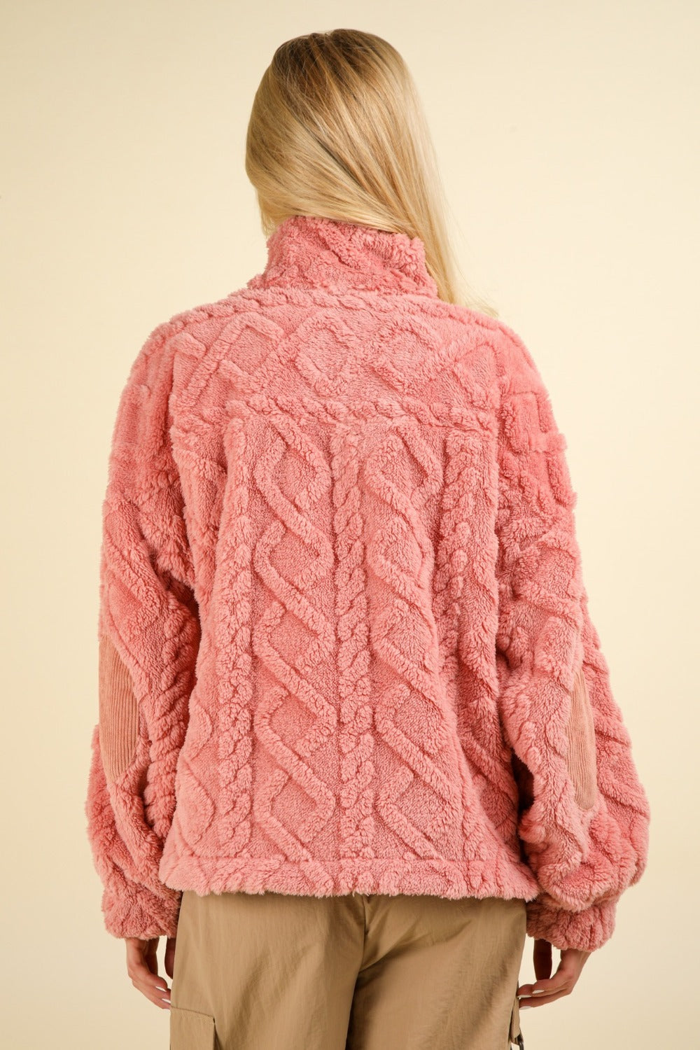 Pink sweater, cable knit sweater, half zip sweater back