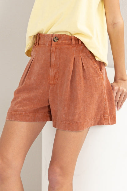 Raven Wings High Waist Mineral Washed Linen Shorts - Pumpkin