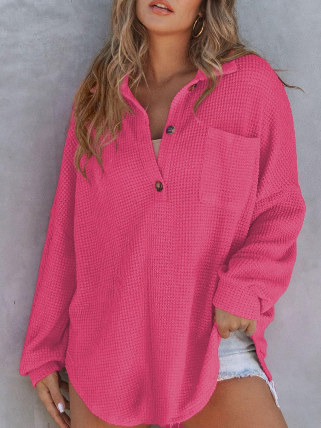 Cozy Cascade Waffle-Knit Dropped Shoulder Long Sleeve Sweatshirt