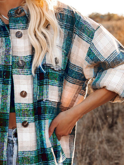 Frosted Fables Pocketed Plaid Button Down Long Sleeve Shacket