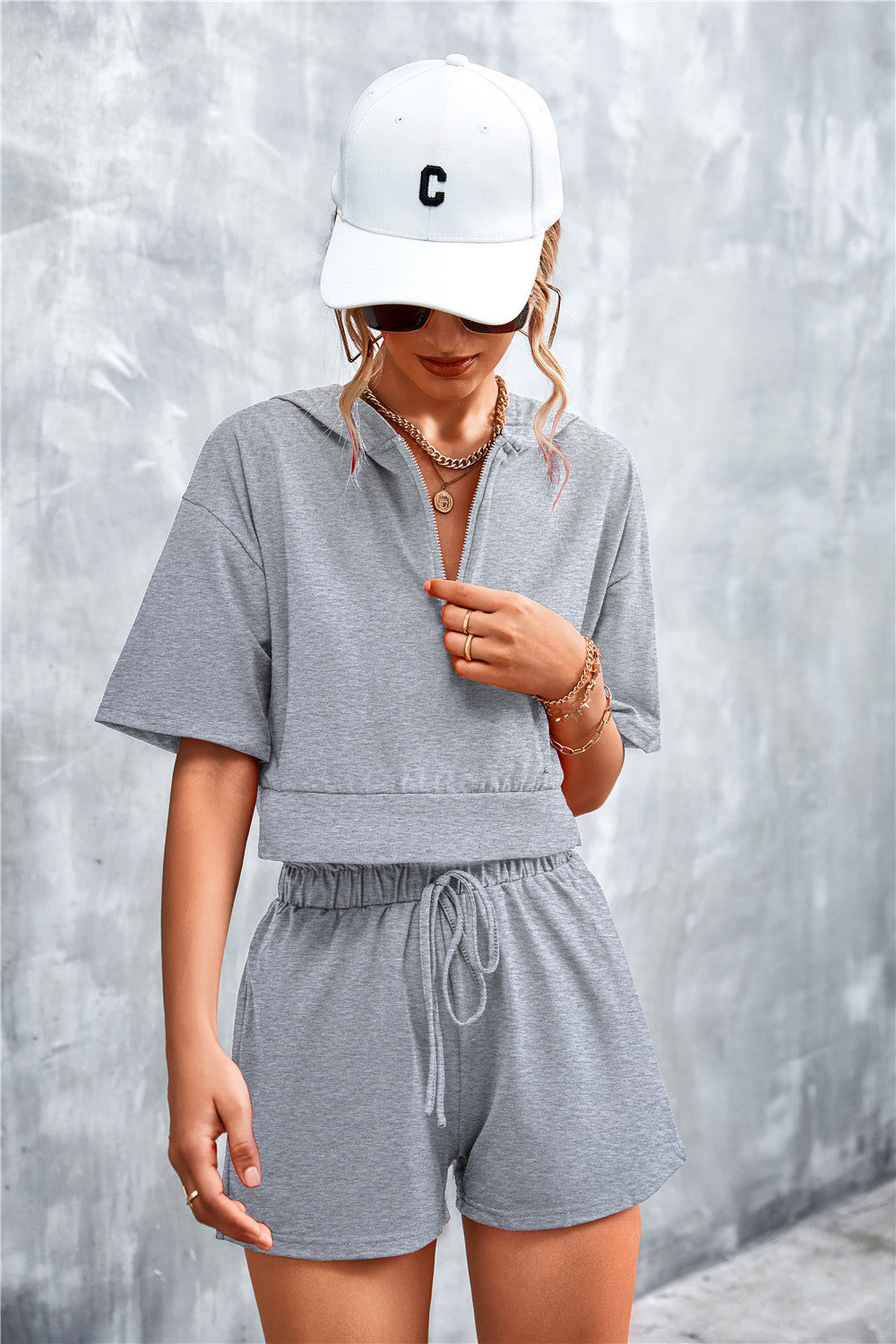 Because She Can Half Zip Cropped Hooded T-Shirt and Shorts Set