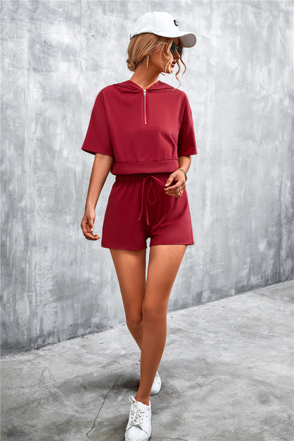 Because She Can Half Zip Cropped Hooded T-Shirt and Shorts Set