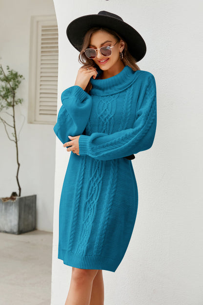 Isolde Cable Knit Turtleneck Lantern Sleeve Sweater Dress