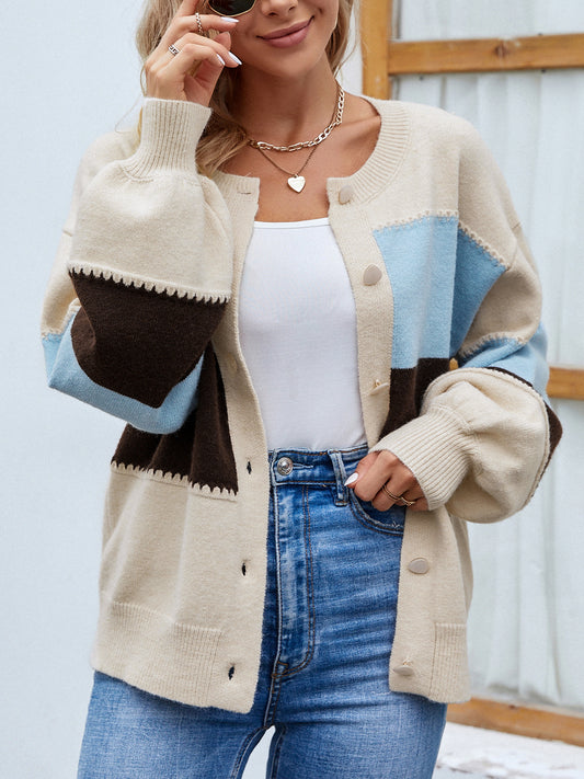 Tell-Tale Thread Color Block Button Up Lantern Sleeve Cardigan