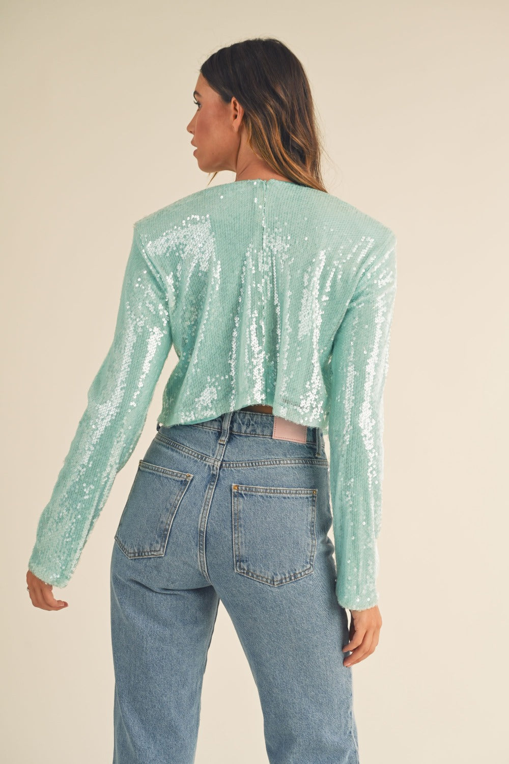 Shimmering Scales Shoulder Padded Sequin Crop Top