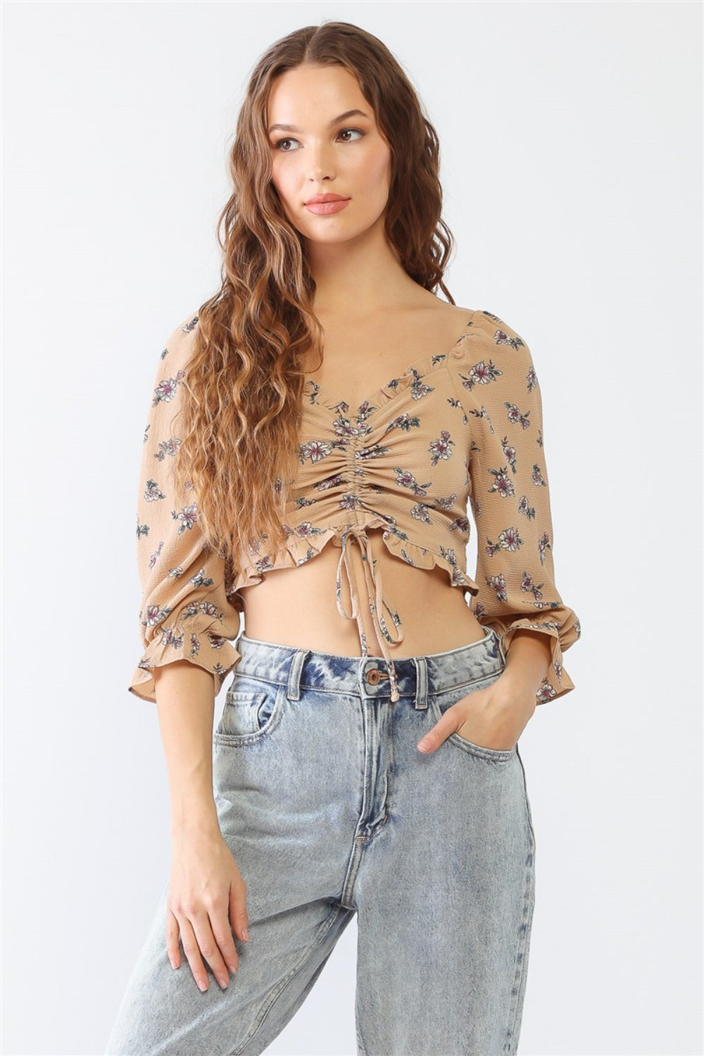 Garden Daze Floral Ruffle Smocked Back Ruched Crop Top