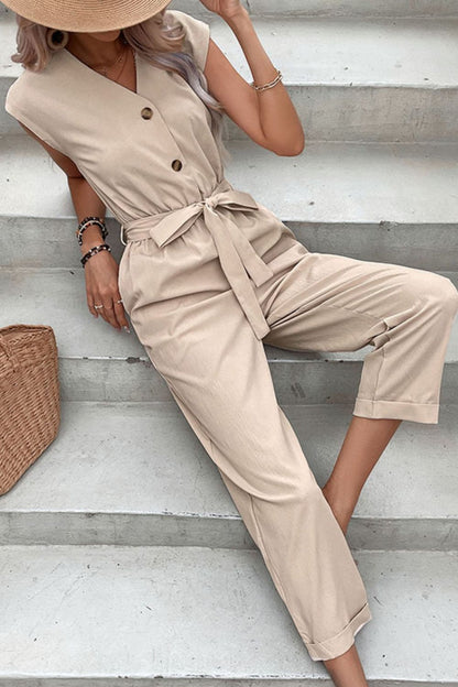 Literary Voyage Belted V-Neck Jumpsuit