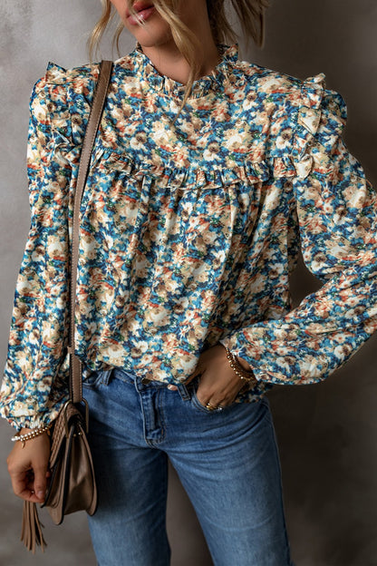 Briar Flowers Mock Neck Ruffle Shoulder Blouse