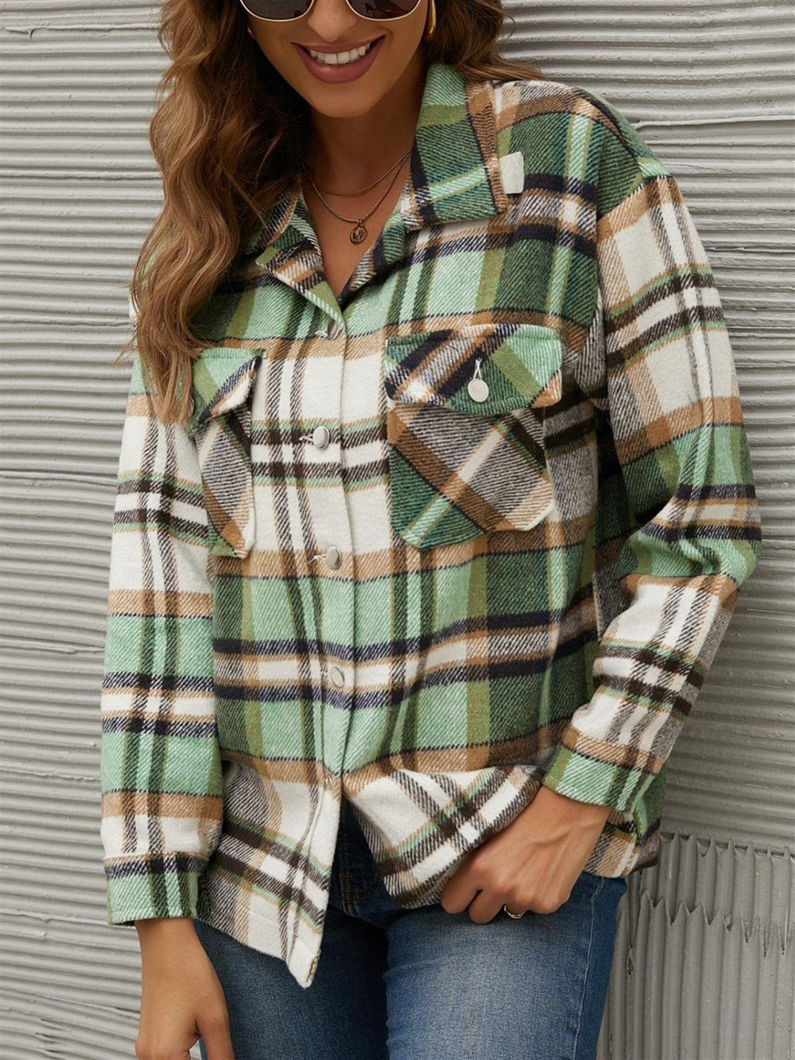 Forest Glade Plaid Collared Neck Long Sleeve Jacket