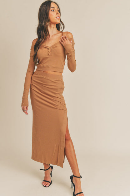 Graceful Aurora Button Detail Crop Top and Slit Midi Skirt Set