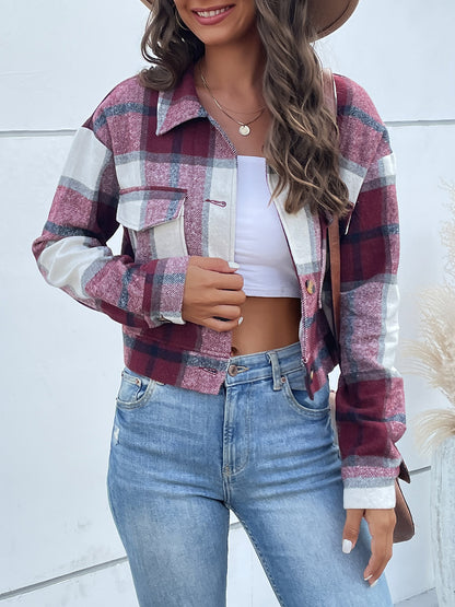 Rustic Romance Plaid Button Up Drop Shoulder Cropped Jacket