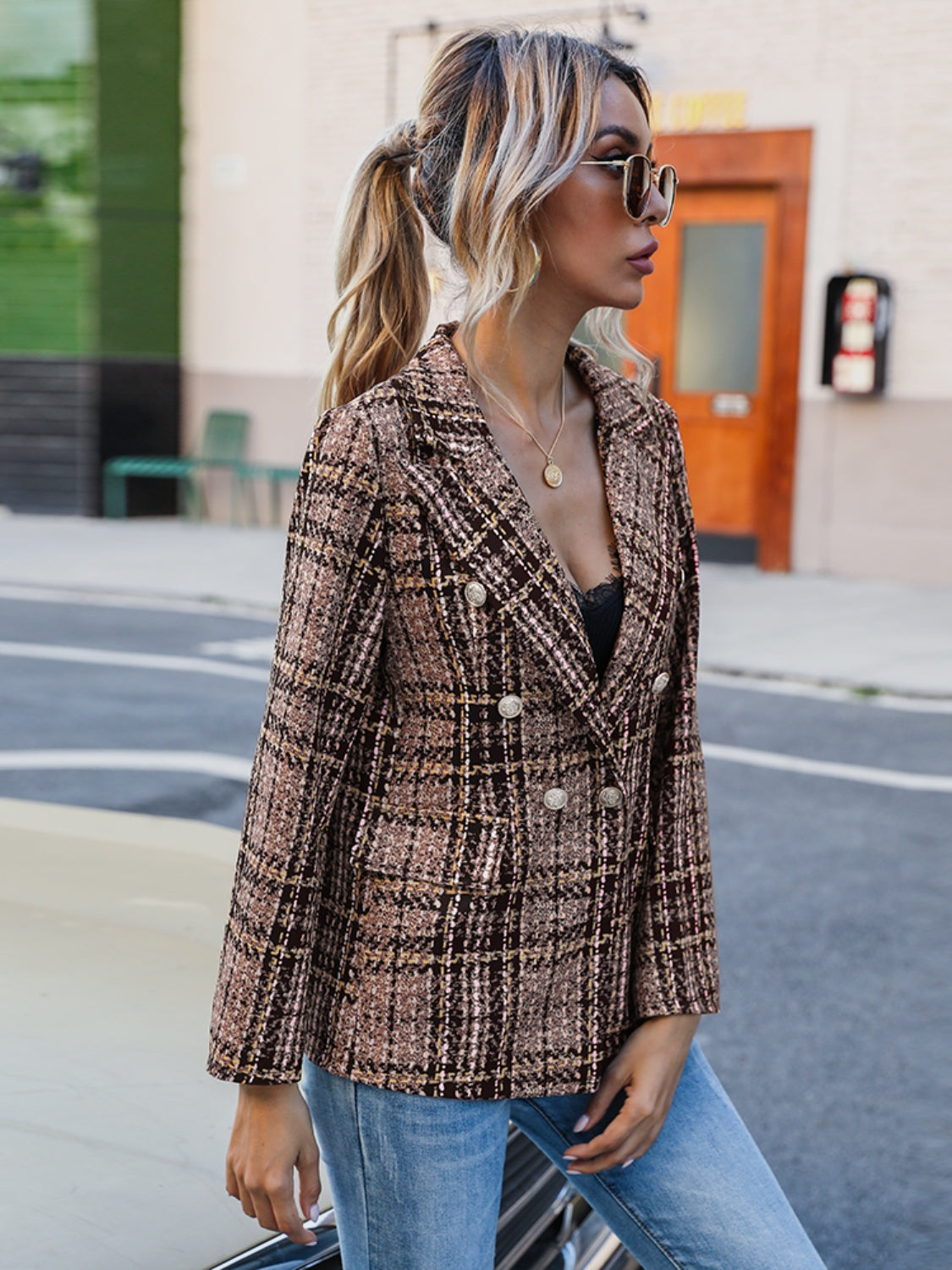 Autumn Allure Plaid Lapel Collar Blazer