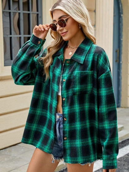 Twilight Tartan Plaid Saddle Shoulder Long Sleeve Shirt