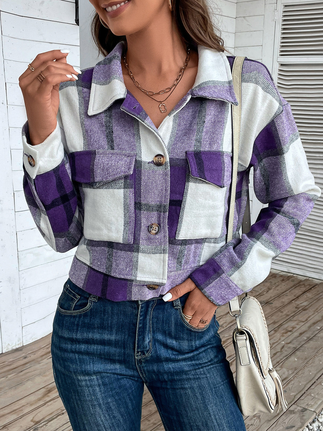 Rustic Romance Plaid Button Up Drop Shoulder Cropped Jacket