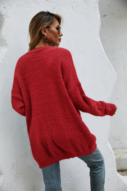 The Wispwool Open Front Openwork Fuzzy Cardigan with Pockets